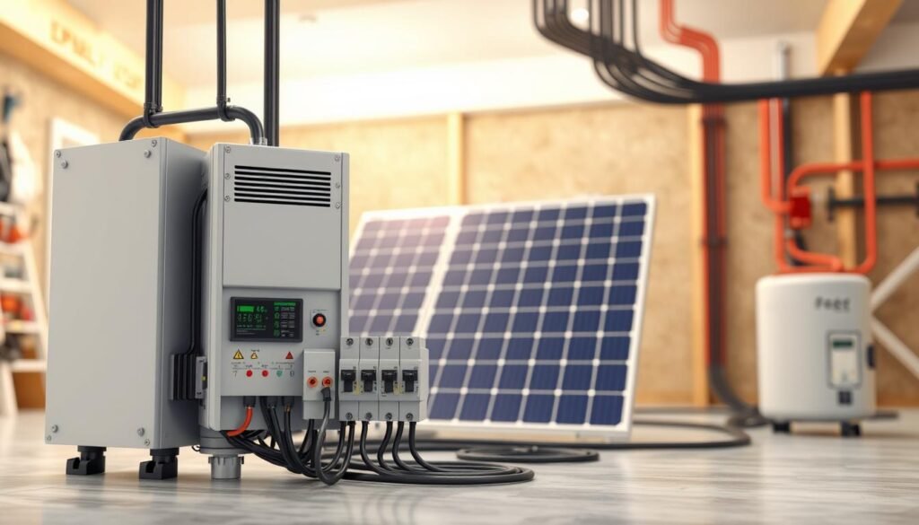 A detailed, high-quality 3D rendering of a solar electrical system connection, showcasing the various components in a clean, organized layout. The foreground should feature the main connection points, such as the inverter, circuit breakers, and wiring, with clear visibility of their functions and how they integrate. The middle ground should depict the solar panels and their mounting system, emphasizing the seamless integration with the building's electrical infrastructure. The background should provide a realistic, well-lit indoor setting, such as a utility room or basement, to contextually ground the scene. The overall mood should convey a sense of technical proficiency, attention to detail, and a visually appealing, informative presentation of the solar electrical system connection.