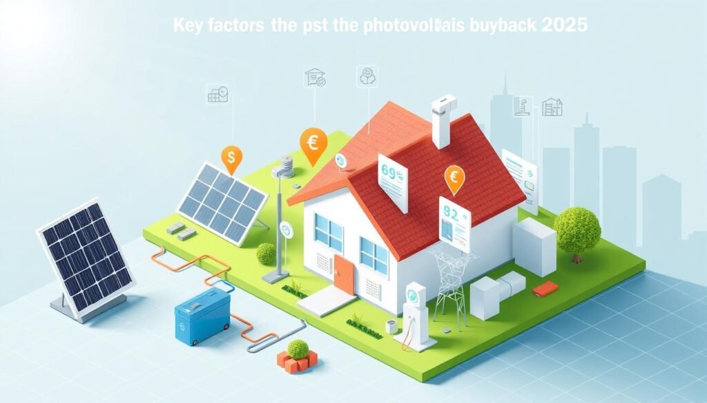 A detailed schematic illustration of the key factors influencing the photovoltaic buyback tariff in 2025. Rendered in a clean, technical style with a 3D isometric perspective. The foreground features a solar panel, battery storage, and grid connection icons, representing the core components of a residential solar system. The middle ground showcases various monetary and policy symbols like currency icons, percent signs, and policy documents, illustrating the economic and regulatory factors. The background depicts a cityscape silhouette, conveying the broader energy landscape. Bright, even lighting from an upper-left direction highlights the detailed elements. A subtle grid pattern runs throughout, lending a sense of structure and precision.