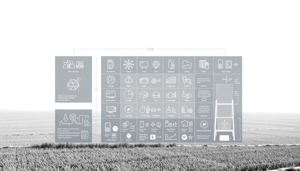 A detailed technical diagram showcasing various models of collective self-consumption, set against a clean, minimalist background. The foreground features a series of geometric shapes and icons representing different renewable energy sources, distribution systems, and consumer configurations. The middle ground presents a grid-like layout of these modular components, highlighting their interconnectivity and versatility. The background is a softly lit, monochromatic field, emphasizing the technical nature of the subject matter. The overall composition conveys a sense of precision, efficiency, and the potential of collective self-consumption to transform energy systems.