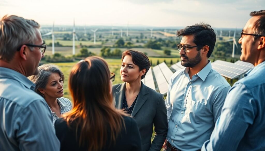 A panoramic view of a sustainable energy landscape, with solar panels and wind turbines dotting the horizon. In the foreground, a group of diverse business executives engaged in a thoughtful discussion, their expressions conveying a sense of responsibility and concern for the environmental and social impact of their industry. The lighting is soft and diffused, creating a contemplative atmosphere. The angle captures the scene from a slightly elevated perspective, emphasizing the scale and scope of the corporate social responsibility challenge. The overall composition conveys the complex interplay between the energy sector, environmental stewardship, and societal well-being.