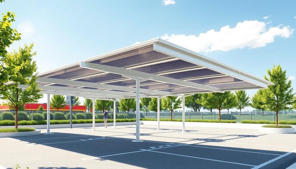 A photorealistic architectural illustration of a solar canopy structure, showcasing the regulations and requirements for photovoltaic carports. The scene depicts a partially shaded parking lot, with a sleek, modern canopy system covering the spaces. The canopy features a prominent array of solar panels, meticulously detailed to convey their technical specifications. The image emphasizes the harmonious integration of renewable energy generation and practical shade provision, highlighting the innovative design considerations and legal frameworks governing such installations. The lighting is natural, with soft shadows and highlights accentuating the architectural elements. The overall tone is informative and visually striking, capturing the essence of the "Réglementation ombrière photovoltaïque" concept.