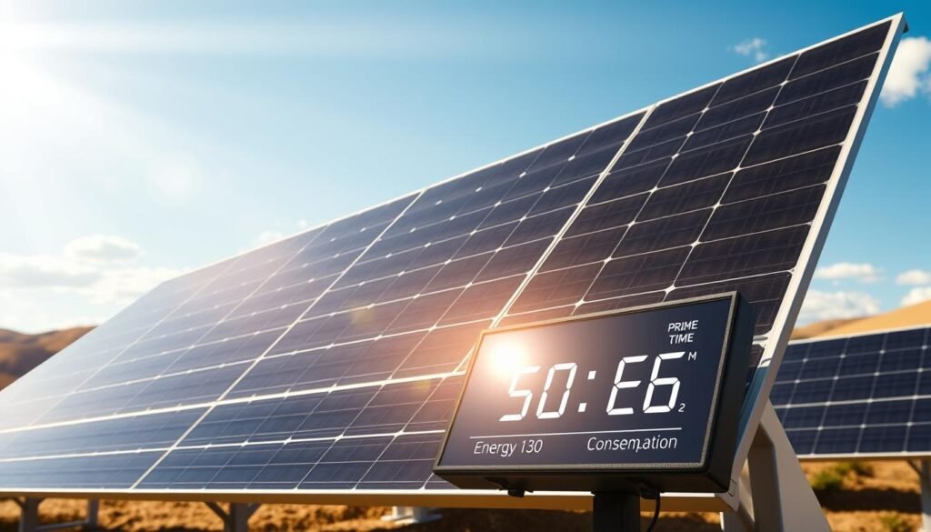 A sleek solar panel array set against a backdrop of rolling hills and a cloudless blue sky. The panels gleam in the warm sunlight, their glossy surfaces reflecting the rays that power them. In the foreground, a digital display shows real-time energy generation and consumption data, illustrating the "prime autoconsommation" concept. The scene evokes a sense of clean, renewable energy independence, with the solar system seamlessly integrated into the natural landscape. Subtle shadows and carefully considered camera angles lend depth and dimensionality to the composition, creating a visually compelling and technically accurate representation of this renewable energy solution.