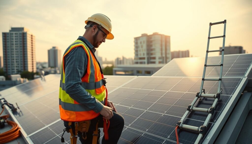 A solar installation safety scene, captured with a wide-angle lens and soft, diffused lighting. In the foreground, a technician in a high-visibility vest inspects a rooftop solar panel, following safety protocols. The middle ground features various safety equipment, including harnesses, carabiners, and a portable ladder. In the background, a cityscape with modern buildings and a bright, sun-dappled sky creates a sense of urban sustainability. The overall mood is one of professionalism, attention to detail, and a commitment to responsible renewable energy installation.