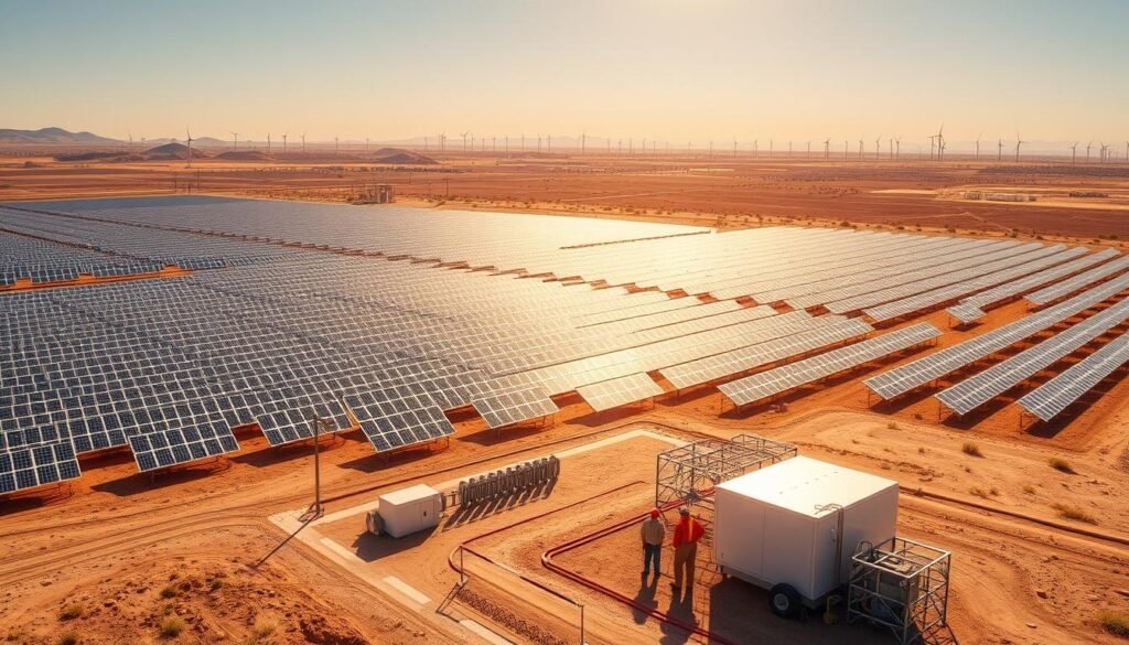 A sprawling solar farm nestled in a desert landscape, its vast expanse of photovoltaic panels glimmering under the warm, golden sunlight. In the foreground, a sleek, modern power substation hums with energy, channeling the sun's abundant resources into the electrical grid. In the middle ground, a team of technicians in hard hats and safety gear oversee the smooth operation, their presence a testament to the human ingenuity and expertise behind this renewable energy marvel. The background fades into a panoramic view of the surrounding desert, punctuated by the distant silhouettes of towering wind turbines, a harmonious blend of clean energy solutions. The scene conveys a sense of progress, sustainability, and the positive economic and environmental impact of this state-of-the-art solar power facility.