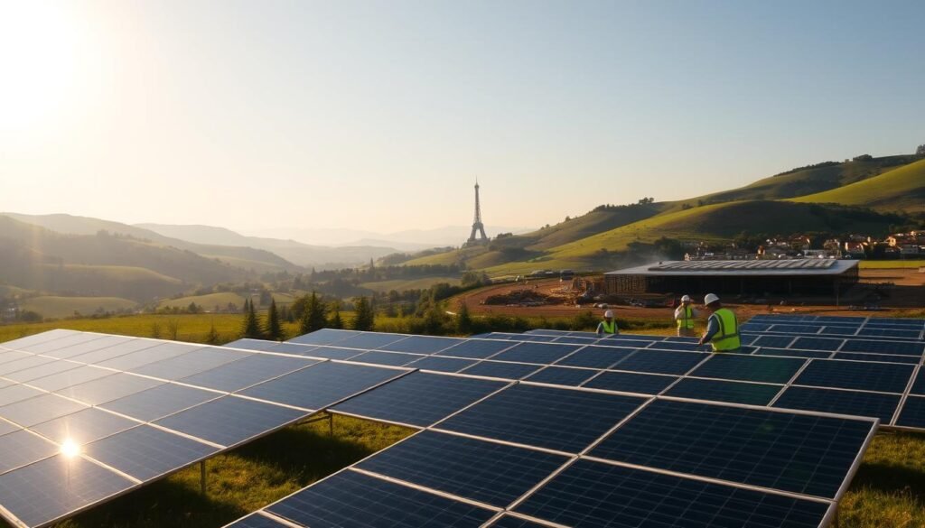A sun-dappled landscape of rolling hills and verdant valleys, dotted with solar panels that glint in the warm afternoon light. In the foreground, a close-up view of a solar farm, with sleek, modern panels arranged in neat rows, casting long shadows across the field. The middle ground reveals a bustling construction site, where workers in hard hats and reflective vests install new panels, highlighting the ongoing expansion of France's solar infrastructure. In the distance, a hazy silhouette of the Eiffel Tower stands as a symbolic reminder of the nation's ambitions to harness renewable energy. The overall scene conveys a sense of progress and innovation, tempered by the challenges of integrating large-scale solar projects into the existing landscape and grid system.