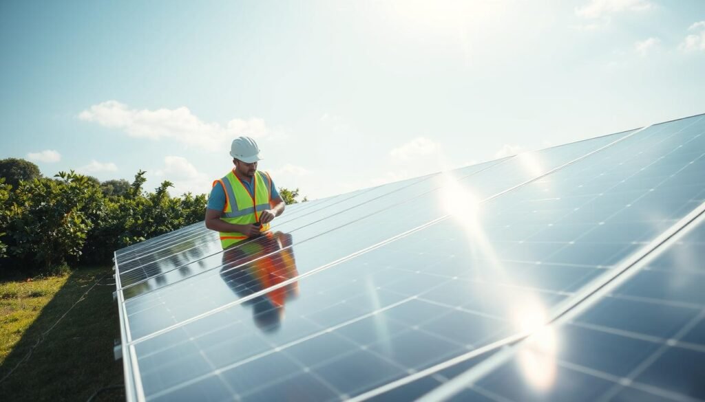 A sun-dappled scene of a well-maintained solar panel array, surrounded by lush greenery. The panels gleam with a polished sheen, their surfaces angled to capture the maximum sunlight. A technician in a safety vest carefully inspects the connections, ensuring the system is functioning at peak efficiency. The background features a cloudless sky, with gentle shadows cast by the panels, conveying a sense of tranquility and diligence. The composition is balanced, with the panels taking center stage, surrounded by the verdant landscape. The lighting is soft and natural, creating a serene and professional atmosphere.