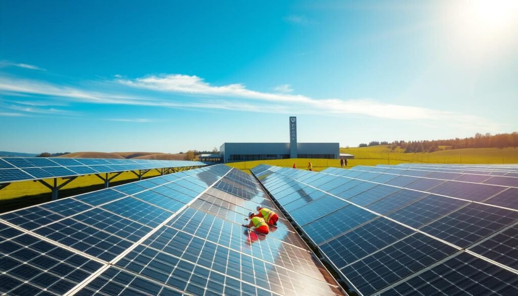 A sun-drenched solar power plant nestled in the rolling hills of Germany. In the foreground, rows of gleaming solar panels capture the sun's rays, their sleek surfaces reflecting the azure sky above. In the middle ground, workers in high-visibility vests move purposefully between the arrays, maintaining and optimizing the system. In the background, a modern factory building stands tall, its facade adorned with the logo of a renowned solar energy company. The scene exudes a sense of clean, renewable energy production, with a focus on local employment and quality craftsmanship - a testament to Germany's commitment to sustainable development.