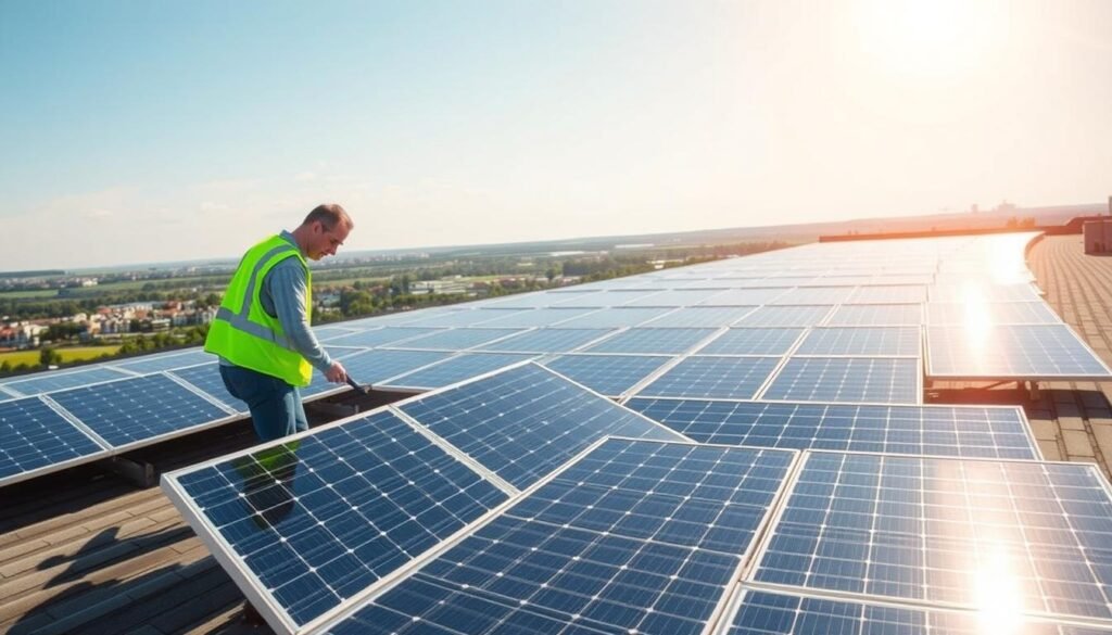 A sunny, expansive rooftop with neatly arranged solar panels glistening in the warm light. In the foreground, a technician in a safety vest inspects the sleek, modular panels, demonstrating the simple installation process. The middle ground showcases the efficient, space-saving layout, maximizing the panel coverage. In the background, the cityscape or countryside provides a picturesque setting, highlighting the integration of renewable energy into the landscape. The scene conveys a sense of clean, renewable power generation and the ease of maintenance, aligning with the "Installation et maintenance simplifiées" section title.