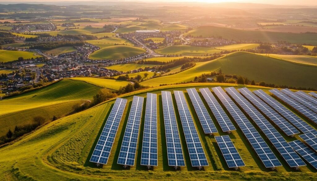 A sweeping aerial view of a picturesque French countryside, with rolling hills and lush green fields in the foreground. In the middle ground, rows of gleaming solar panels stand in perfect alignment, harnessing the abundant sunlight. The background features a mix of quaint villages, winding roads, and the distant silhouettes of mountain ranges. The scene is bathed in a warm, golden glow, creating a serene and inviting atmosphere. The camera angle provides a sense of depth and scale, highlighting the integration of the solar park into the natural landscape. The overall composition conveys the ideal location for a photovoltaic power plant, showcasing the harmonious coexistence of renewable energy and the beautiful French countryside.