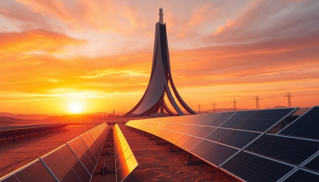 A vast desert landscape, a towering solar tower rising majestically against a vibrant, sunset-painted sky. In the foreground, rows of sleek, angular solar panels glisten in the warm light, their arrangement mimicking the elegant spiraling form of the tower's exterior. Midground, a network of pipes and power lines connect the solar infrastructure, while in the distance, the undulating dunes of the desert stretch out, creating a sense of scale and depth. The scene is infused with a sense of technological innovation and renewable energy, a testament to humanity's ingenuity in harnessing the power of the sun. The composition is balanced, with the tower as the focal point, drawing the viewer's eye upwards towards its pinnacle. Subtle details, such as the play of light and shadow, enhance the sense of realism and grandeur.