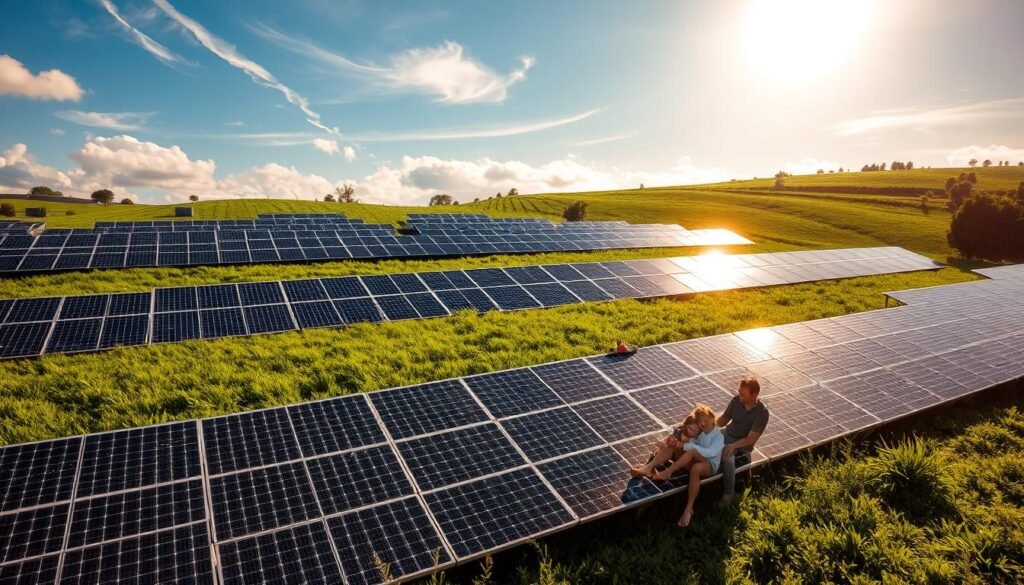 A vibrant solar panel array in a sun-drenched field, casting intricate shadows across the lush greenery. The panels glisten with a metallic sheen, their geometric forms creating a striking contrast against the soft, rolling landscape. Warm rays of light filter through wispy clouds, illuminating the scene with a sense of tranquility and efficiency. In the foreground, a family relaxes, enjoying the self-sustaining power of their "prime autoconsommation" system, a testament to the benefits of renewable energy. The image conveys the harmony between technology and nature, highlighting the accessibility and practicality of solar power for residential use.