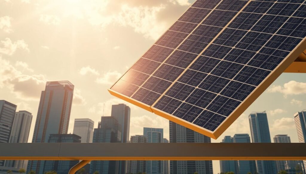 Futuristic solar panels soaring into the sky, their sleek surfaces shimmering in the warm, golden light. Intricate geometric patterns adorn the panels, harnessing solar energy with unprecedented efficiency. In the foreground, a modern, minimalist architecture frames the scene, creating a harmonious interplay of form and function. The background features a cityscape of towering skyscrapers, their glass facades reflecting the innovative solar technology. An atmosphere of progress and sustainability pervades the image, showcasing the technological advancements transforming the renewable energy landscape.