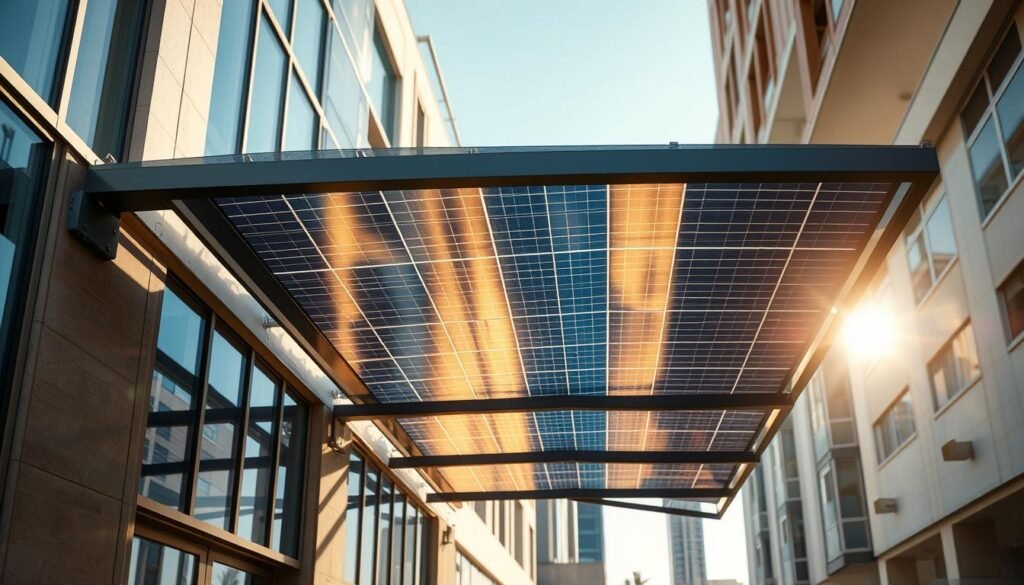 Photovoltaic awning in a modern urban setting, capturing the essence of renewable energy and efficient space utilization. A canopy-like structure casting gentle shadows, its solar panels gleaming in the sunlight, harnessing the power of the sun to generate clean electricity. The sleek, minimalist design blends seamlessly with the surrounding architecture, creating a harmonious and sustainable environment. Detailed textures, precise engineering, and a sense of balance and symmetry convey the thoughtful engineering behind this functional and aesthetically pleasing installation. Warm tones and soft lighting enhance the overall ambiance, showcasing the practical and visually appealing nature of this photovoltaic awning solution.