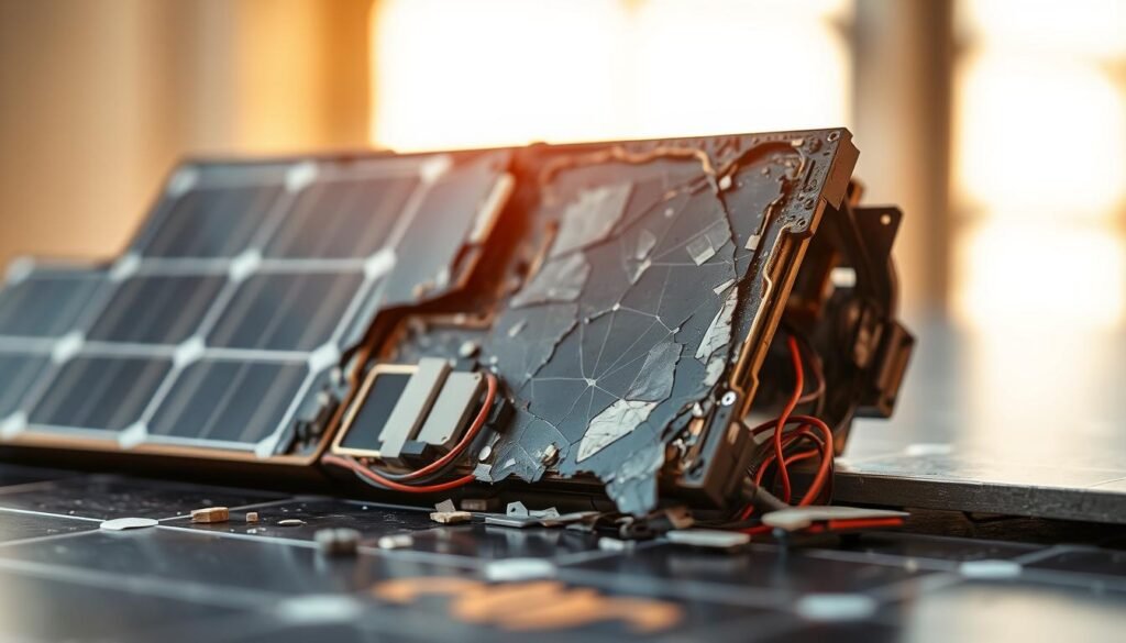 A close-up view of a damaged solar panel, showcasing its inner workings and diagnostic features. The panel is partially disassembled, revealing the intricate circuitry and components. Warm, natural lighting illuminates the scene, casting soft shadows that accentuate the panel's texture and deterioration. The background is blurred, creating a sense of focus on the technical details of the damaged panel. The composition emphasizes the diagnostic elements, such as exposed wiring, cracked or discolored cells, and any visible signs of wear or malfunction. The overall mood is one of analytical examination, inviting the viewer to closely inspect the panel and understand the telltale signs of damage.