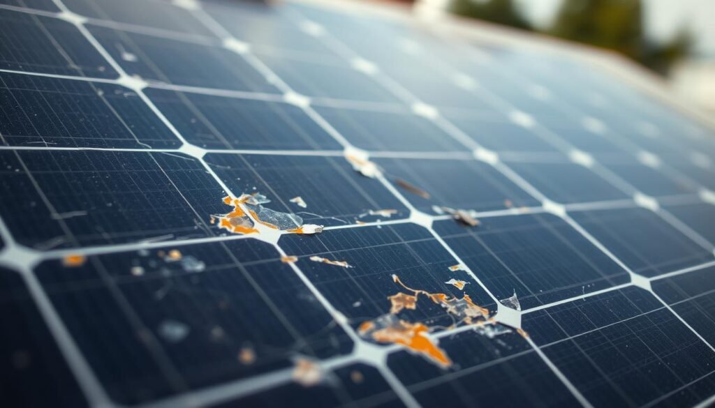A close-up view of a damaged solar panel, with visible cracks, chips, and discoloration across the surface. The panel is set against a blurred background, with a soft, diffused lighting that casts shadows and highlights the texture of the damaged areas. The image conveys a sense of wear and tear, highlighting the common issues that can affect the durability and performance of solar energy systems.