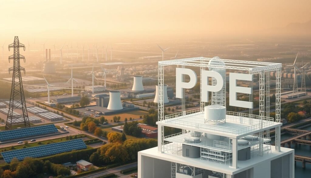 A detailed architectural rendering of the "Programmation Pluriannuelle de l'Énergie" (PPE) policy framework, set against the backdrop of the French energy landscape. The PPE structure dominates the foreground, its intricate components and mechanisms elegantly depicted in a sleek, modern design. In the middle ground, a panoramic view showcases the diverse energy sources powering the French grid, including solar panels, wind turbines, and nuclear reactors. The background fades into a hazy, atmospheric cityscape, hinting at the urban centers and industrial zones that the PPE aims to transform. The image conveys a sense of technical sophistication, strategic planning, and a commitment to a sustainable energy future for France.