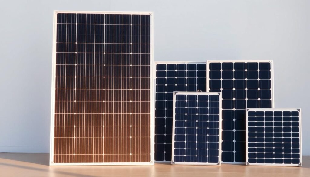 A detailed comparison of solar panels with varying power outputs, showcasing their scale and capabilities. In the foreground, a sleek, modern 500W solar panel stands prominently, its silver frame and black surface catching the warm, directional sunlight. Surrounding it, smaller 300W and 100W panels are displayed, allowing for a clear visual comparison of their relative sizes and power generation potential. The middle ground features a clean, minimalist background, allowing the panels to be the central focus. The overall scene conveys a sense of technical proficiency and practical application, inviting the viewer to consider the versatility and suitability of different solar panel configurations for their energy needs.