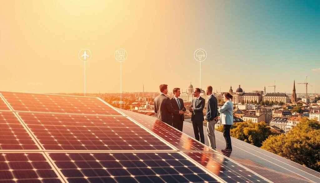 A detailed illustration depicting the different meanings of the acronym "PPE" in the context of the solar energy industry in France. The foreground showcases a vibrant solar panel array, with various icons representing the varied interpretations of PPE such as "Personal Protective Equipment", "Photovoltaic Power Equipment", and "Purchase Power Engagement". The middle ground features a group of solar industry professionals discussing these differing definitions, set against a backdrop of a French cityscape with iconic landmarks. The scene is bathed in warm, golden lighting, conveying a sense of professionalism and collaborative problem-solving. The composition emphasizes the intersection of safety, technology, and policy within the French solar energy landscape.