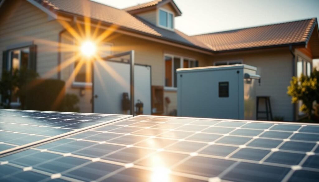 A detailed solar hybrid system with a prominent solar panel array in the foreground, capturing the sun's energy. In the middle ground, a battery bank or energy storage unit, highlighting the backup power solution. The background depicts a residential or commercial building, emphasizing the integration of this renewable energy system. The lighting is natural, with the sun's rays casting a warm, golden glow across the scene. The composition is balanced, with clean lines and a sense of technological sophistication. The overall atmosphere conveys reliability, sustainability, and the ability to maintain power during grid outages.