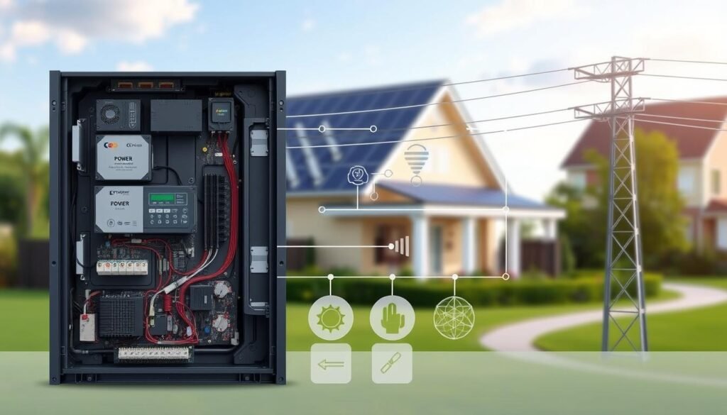 A detailed technical illustration of a hybrid inverter system. The foreground features the inverter itself, showcasing its inner workings and components such as the power conversion circuits, control modules, and cooling systems. The middle ground depicts the connection between the inverter, solar panels, and the electrical grid, with clean, precise lines and symbols. The background provides context, with a softly blurred landscape of a residential or commercial property, hinting at the application of this hybrid inverter technology. The overall mood is one of precision, functionality, and efficient energy management, rendered in a realistic, engineering-focused style with a focus on technical accuracy and visual clarity.
