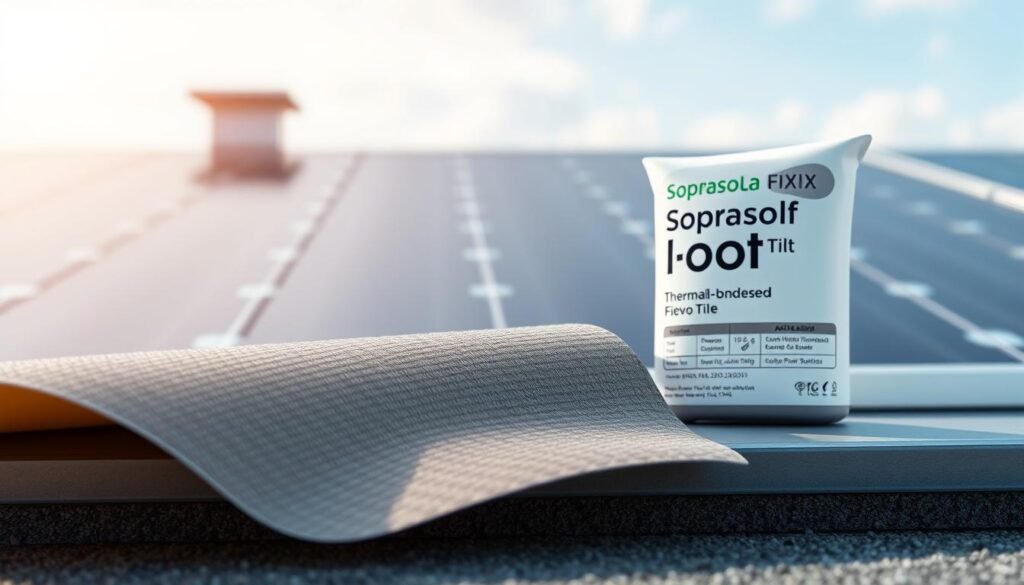 A flat roof solar panel adhesive system, with a close-up view of the adhesive product. The foreground shows the textured, thermally-bonded adhesive surface, capturing its tactile quality and intended application. The middle ground displays the adhesive cartridge packaging, highlighting the product name "Soprasola Fix Evo Tilt" and technical specifications. The background features a soft, blurred image of a flat roof, suggesting the real-world setting where this adhesive solution would be used. The lighting is natural, with a slight ambient glow, conveying a sense of quality and reliability. The overall mood is one of professional, technical precision, suitable for an illustration accompanying an article on solar panel mounting systems.