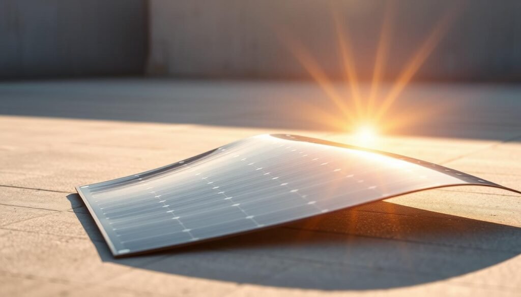 A flexible solar panel resting on a flat surface, capturing the sun's rays with its sleek, curved design. The panel's surface is composed of thin, lightweight, and pliable photovoltaic cells, allowing it to be easily rolled up or folded for portability. The panel is positioned in a well-lit area, casting a warm, golden glow across the scene. The background is a serene, neutral-toned environment, emphasizing the panel's modern and versatile nature. The overall composition highlights the panel's key advantages, such as its compact size, adaptability, and efficient energy generation, making it an ideal choice for a variety of applications.