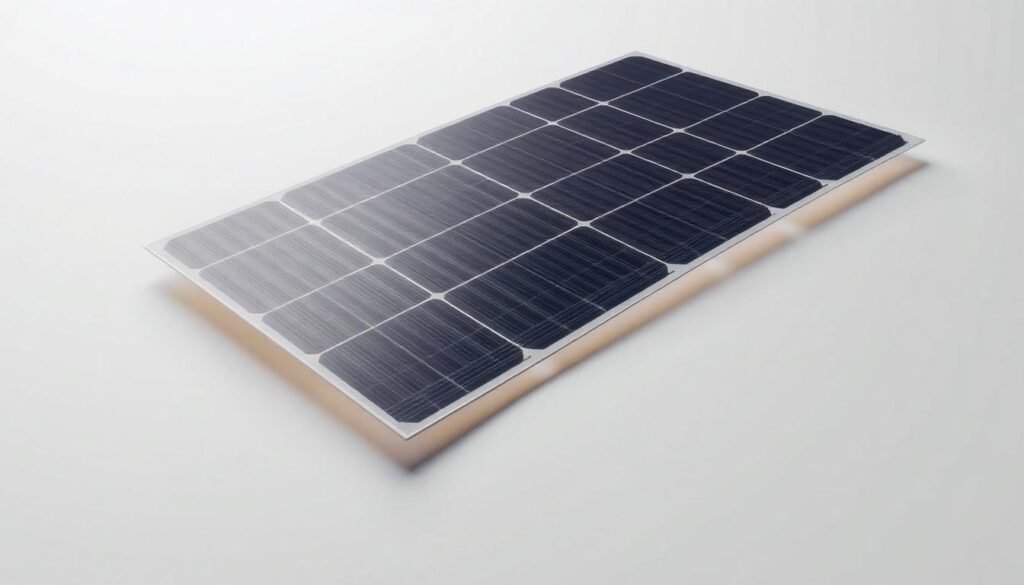 A flexible solar panel resting on a flat surface, illuminated by soft, diffused lighting. The panel appears slightly curved, with a matte, textured surface. The background is a plain, neutral-toned setting, allowing the panel to be the focal point. The image conveys a sense of simplicity and functionality, highlighting the limitations and drawbacks of this type of photovoltaic technology compared to rigid solar panels.
