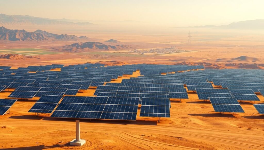 A global comparison of the world's largest solar power plants, captured in a visually striking landscape. In the foreground, the massive solar arrays of the Indian mega-project stand tall, their sleek panels glistening in the warm sunlight. In the middle ground, other notable solar farms from around the world are depicted, their scale and technological advancements conveyed through detailed, photorealistic renderings. The background showcases sweeping vistas of diverse terrains - deserts, plains, and mountainous regions - highlighting the global reach and adaptability of large-scale solar energy solutions. The lighting is natural and soft, accentuating the clean, renewable nature of the subject matter. The overall composition and perspective create a sense of grandeur and international scope, inviting the viewer to appreciate the global progress in sustainable energy production.