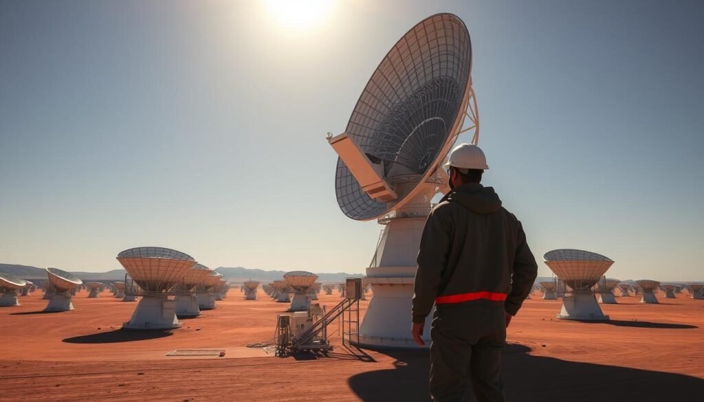 A large-scale concentrated solar power (CSP) plant with towering parabolic mirrors reflecting sunlight onto a central receiver tower. The tower's tip glows with the heat of molten salt, a thermal energy storage medium. In the foreground, a worker in a protective suit inspects the gleaming, futuristic infrastructure. The desert landscape stretches out in the background, dotted with other CSP units. Dramatic lighting casts long shadows, highlighting the technological marvel. The scene conveys the power and potential of this renewable energy solution, a key component of Morocco's ambitious solar plans.