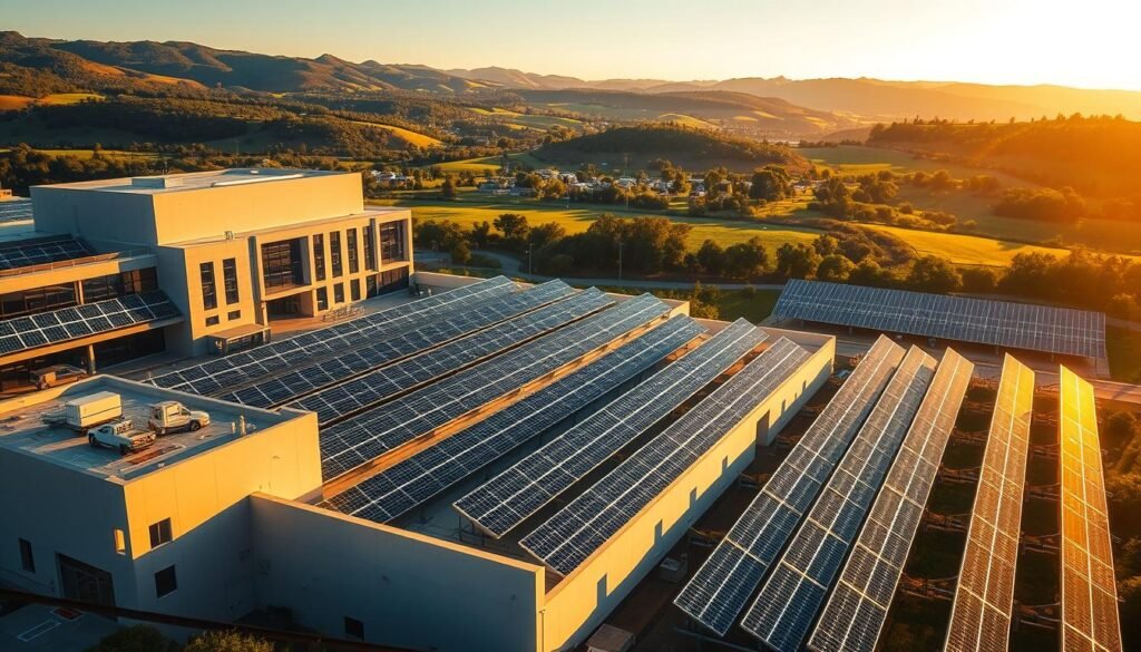 A large-scale solar energy partnership, with sleek modern buildings and expansive solar panel arrays covering rooftops and ground-mounted structures. The scene is bathed in warm, golden sunlight, casting long shadows and highlighting the intricate grid-like patterns of the solar panels. In the background, lush greenery and rolling hills create a picturesque, natural backdrop, complementing the clean, sustainable energy production. The overall composition conveys a sense of innovation, efficiency, and a harmonious coexistence between technology and the environment.