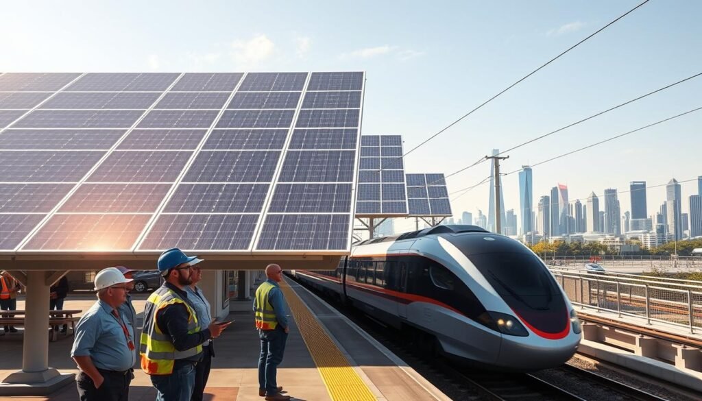 A large solar panel array atop a sleek, modern train station platform. The panels glisten in the warm sunlight, their surfaces optimized for maximum energy capture. In the foreground, a group of engineers examine the innovative technology, their expressions reflecting a sense of progress and possibilities. The middle ground features a high-speed train powering through, its trajectory hinting at the renewable energy that propels it. The background showcases a skyline of city skyscrapers, symbolizing the integration of sustainable solutions into urban infrastructure. The scene conveys a future where renewable energy seamlessly powers transportation, a testament to technological advancements in the service of a greener tomorrow.