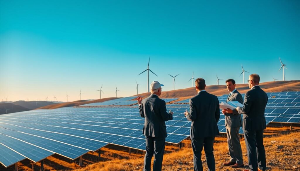 A large solar panel field stretches across a rolling hillside, surrounded by wind turbines dotting the horizon. The vibrant blue sky is illuminated by a warm, golden light, casting long shadows across the landscape. In the foreground, a group of business executives discusses investment opportunities, gesturing animatedly as they examine detailed financial reports. The scene conveys a sense of progress and innovation in the renewable energy sector, with the majestic scale of the installations juxtaposed against the human elements of decision-making and collaboration.