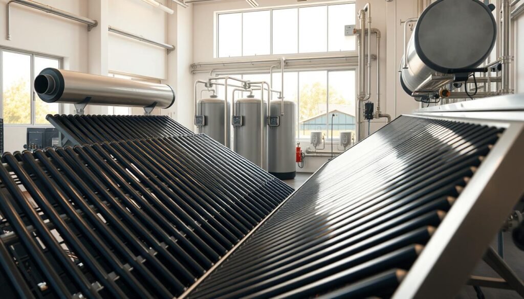 A panoramic view of a modern solar heating systems showcasing various components in a well-lit and clean industrial setting. In the foreground, sleek solar collectors with intricate tubing and reflective panels stand prominently. The middle ground features a bank of storage tanks, pipes, and control systems, highlighting the technical complexity of the setup. In the background, a large window offers a glimpse of a sunny exterior, reinforcing the renewable energy theme. The overall composition conveys a sense of efficiency, innovation, and environmental sustainability.