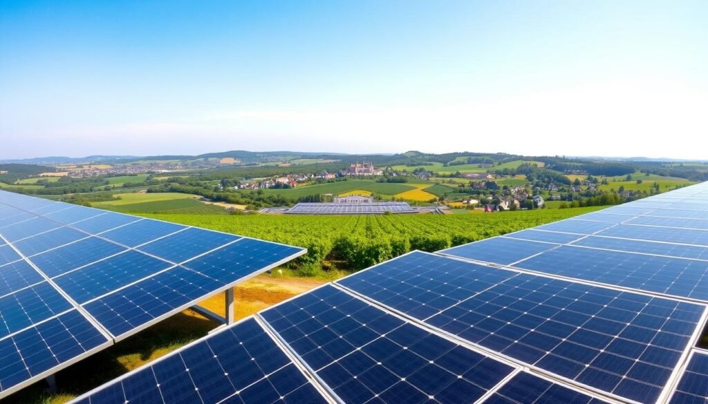 A panoramic view of a solar energy project in the French countryside. In the foreground, rows of sleek, modern solar panels glisten in the warm sunlight, their surfaces reflecting the azure sky above. In the middle ground, a large-scale solar farm stretches out, surrounded by lush green fields and rolling hills. In the background, the silhouettes of picturesque French villages and chateaus dot the horizon, creating a harmonious blend of renewable energy and traditional rural landscapes. The scene conveys a sense of progress and sustainability, with the solar installation seamlessly integrated into the natural environment. The lighting is soft and diffused, creating a serene and inviting atmosphere.