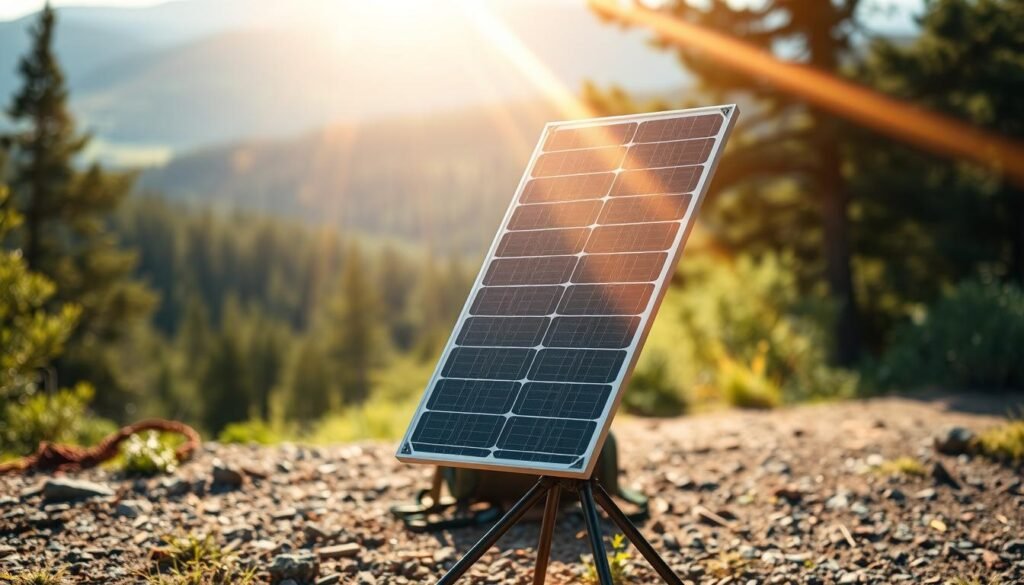 A portable solar panel set up in a serene outdoor setting, capturing the essence of "mobile solar solutions". The foreground features the solar panel itself, sleek and modern in design, propped up on a sturdy tripod. Sunlight streams down, casting a warm glow and creating dynamic shadows. In the middle ground, an adventure-ready backpack or camping gear suggests the panel's versatility for off-grid power. The background showcases a picturesque landscape - perhaps a lush forest, rolling hills, or a pristine beach - emphasizing the freedom and flexibility of this renewable energy source. The overall tone is one of adventure, sustainability, and the harmonious integration of technology with nature.