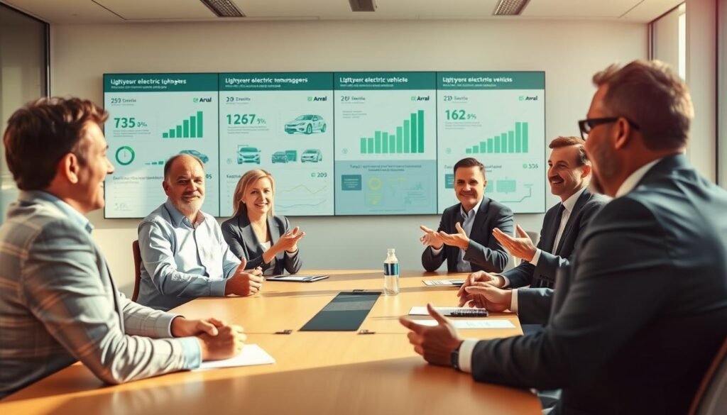 A professional business setting with a group of satisfied executives and fleet managers, gathered around a conference table discussing their positive experiences with Arval's electric vehicle fleet management services. Warm, natural lighting illuminates the room, casting a professional and authoritative atmosphere. The executives are engaged in conversation, gesturing animatedly as they share their testimonies. The background features a large wall display showcasing statistics and graphs related to the successful integration of Lightyear electric vehicles into their fleets. An air of confidence and satisfaction permeates the scene, reflecting the section title "Témoignages : des professionnels satisfaits par Arval".