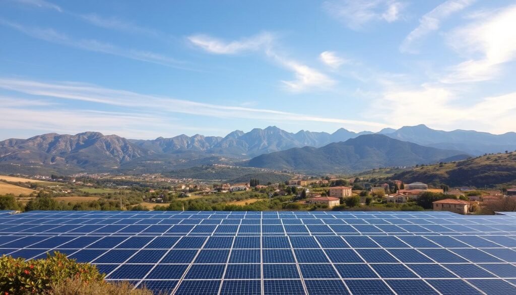 A scenic landscape of the sun-drenched Corsican countryside, with rolling hills and picturesque villages nestled between towering mountain peaks. In the foreground, a sprawling solar farm stands as a testament to the island's renewable energy potential, its sleek photovoltaic panels glistening in the warm Mediterranean sun. The middle ground features a mix of traditional Corsican architecture and modern, eco-friendly structures, blending the old and the new. In the background, a hazy blue sky frames the scene, with wispy clouds casting gentle shadows across the landscape. The overall atmosphere conveys a sense of tranquility, progress, and the harmonious integration of renewable energy into the island's natural beauty.