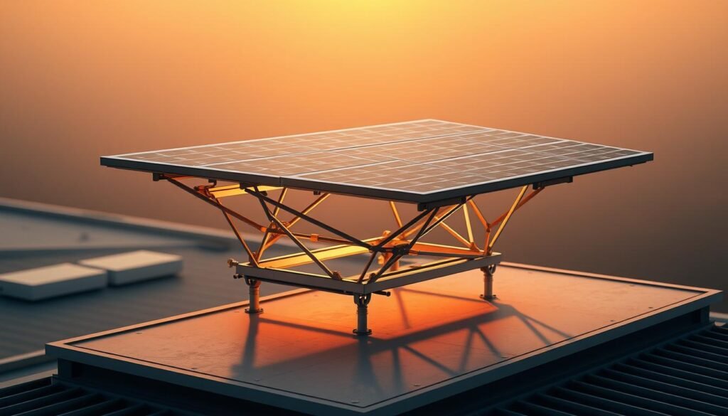 A sleek, low-profile solar panel mounting system levitates above a flat roof, suspended by an ingenious kinetic mechanism. The support structure hovers gracefully, secured without penetrating the roof surface. Intricate metal components interlock in a seamless, geometric design, creating a visually striking yet functional installation. Warm, diffused lighting illuminates the scene, casting soft shadows that accentuate the clean lines and minimalist aesthetic. The system appears to float effortlessly, showcasing the innovative "non-penetrating" approach to solar panel integration. The overall composition conveys a sense of technological sophistication and architectural harmony, suitable for a modern, eco-conscious building.