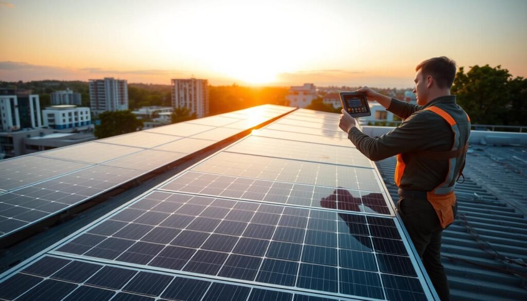 A solar installation on a rooftop, bathed in warm evening light. In the foreground, a technician meticulously adjusts the panels, ensuring optimal tilt and orientation. The middle ground features a sleek, minimalist control panel, displaying real-time energy output metrics. In the background, a cityscape of modern buildings and lush greenery, hinting at the sustainable integration of renewable energy. The scene conveys a sense of purpose, efficiency, and environmental stewardship, reflecting the optimization of this solar power system.