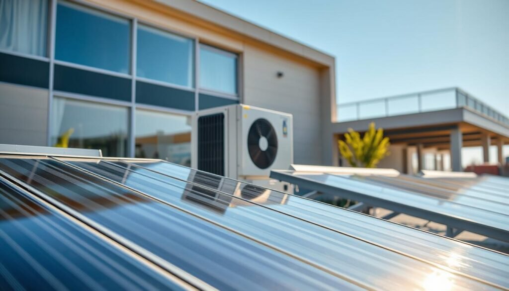 A solar thermal cooling system, with a sleek, modern design. In the foreground, a series of solar thermal collectors, their glass surfaces gleaming in the sun, capturing the heat to power the cooling process. The middle ground features the cooling unit, a compact, well-integrated appliance, seamlessly blending with the architectural elements. In the background, a contemporary building facade, its clean lines and large windows suggesting an energy-efficient, eco-conscious design. The lighting is natural, with a warm, inviting ambiance, highlighting the efficient, sustainable technology at work. The overall scene conveys a sense of forward-thinking, environmentally responsible climate control.