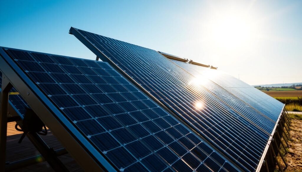 A solar thermal panel array set against a clear blue sky, the sun's rays illuminating the panels' gleaming surfaces. The panels are arranged in rows, their black-and-silver designs creating a sleek, modern aesthetic. In the foreground, a close-up view showcases the intricate network of pipes and heat exchangers that enable the efficient transfer of thermal energy. The middle ground features a wider perspective, revealing the scale and integration of the system within a residential or commercial setting. The background depicts a serene, pastoral landscape, emphasizing the panel's harmonious integration with the natural environment. The overall composition conveys the elegance and functionality of solar thermal technology, inviting the viewer to imagine its practical application in the "Fonctionnement d'un radiateur solaire" section.