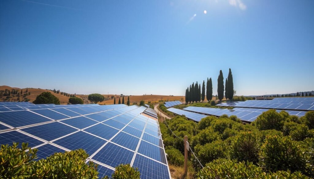 A sun-dappled solar park nestled in the rolling hills of Provence, France. In the foreground, rows of sleek, modern photovoltaic panels stretch out, their glossy surfaces reflecting the azure sky above. Lush, verdant vegetation frames the scene, creating a harmonious blend of nature and technology. In the middle ground, a network of winding paths meanders through the park, inviting visitors to explore and discover the beauty of renewable energy. Towering cypress trees line the horizon, casting gentle shadows over the serene landscape. The warm, golden light of the Provençal sun bathes the entire scene, evoking a sense of tranquility and environmental stewardship. This image embodies the local commitment to sustainable energy transition, a testament to the region's embrace of a greener future.