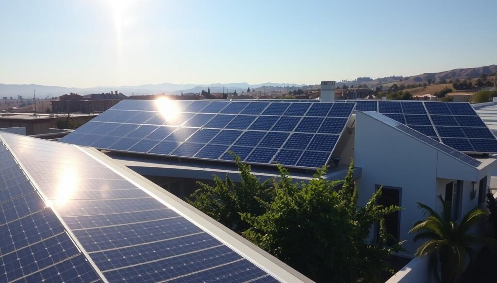 A sun-drenched rooftop, showcasing an array of sleek, flexible solar panels harmoniously integrated with the architecture. The panels capture the sun's rays, casting a warm, natural glow across the scene. In the foreground, a modern, energy-efficient home stands proud, its facade seamlessly blending with the renewable energy source. The middle ground features lush greenery, softening the industrial aesthetic and creating a calming, eco-friendly ambiance. Distant hills and a cloudless sky complete the serene, tranquil landscape, highlighting the sustainable and visually appealing nature of flexible solar technology for residential applications.