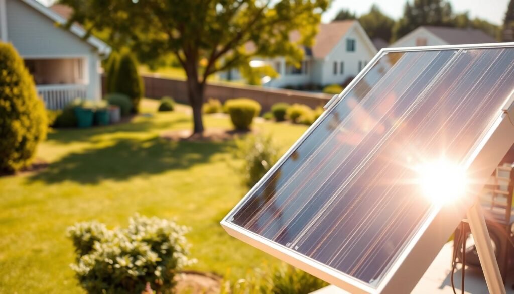 A sunny outdoor scene showcasing a modern solar-powered heater. The device is the focal point, prominently displayed in the foreground, its sleek metallic frame and glass panels gleaming under the warm sunlight. In the middle ground, a well-manicured yard with lush vegetation provides a natural backdrop, hinting at the heater's eco-friendly energy-saving benefits. The background features a cozy residential neighborhood, with houses neatly arranged, suggesting the widespread adoption of such renewable heating solutions. The overall composition conveys a sense of efficiency, sustainability, and a harmonious integration of technology and nature, capturing the essence of a practical and cost-effective solar heating system.