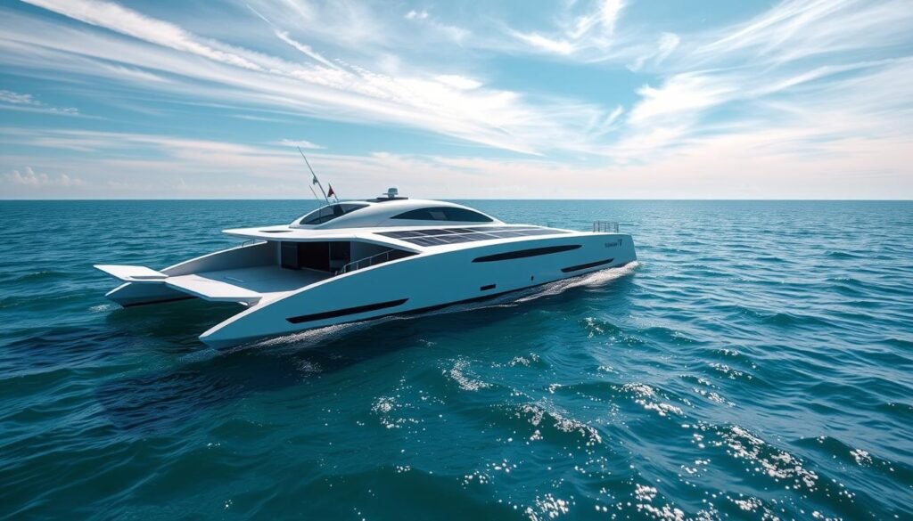 A technologically advanced solar-powered catamaran glides gracefully across a tranquil ocean, its sleek, futuristic design reflecting the sun's rays. In the foreground, the vessel's innovative solar panels harness clean, renewable energy, powering the ship's electric propulsion system. The middle ground showcases the catamaran's aerodynamic hull and high-tech instrumentation, while the distant horizon is dotted with wispy clouds against a vibrant blue sky. The overall scene conveys a sense of sustainable, eco-friendly progress, perfectly capturing the essence of the "Les innovations technologiques du catamaran solaire" section.