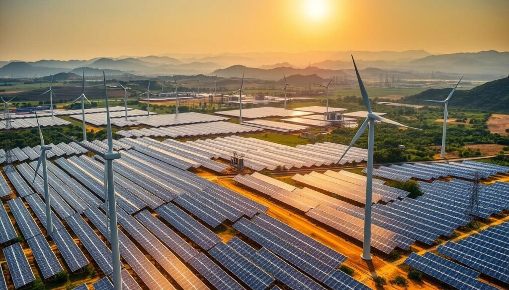 A vast expanse of solar panels glimmers under the brilliant Indian sun, forming the centerpiece of a sprawling renewable energy complex. In the foreground, sleek wind turbines stand tall, their blades gracefully cutting through the air. The middle ground features a network of transmission lines and substations, powering the region with clean, sustainable electricity. In the distance, rolling hills and lush greenery provide a natural backdrop, underscoring India's commitment to a greener future. The scene is illuminated by warm, golden light, conveying a sense of progress and optimism. This image captures India's ambitious renewable energy strategy, poised to lead the global transition towards a more sustainable energy landscape.