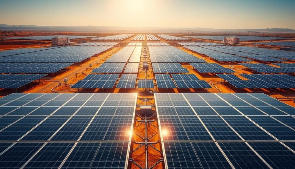 A vast solar power plant sprawls across a sun-drenched Spanish landscape. In the foreground, sleek, gleaming photovoltaic panels capture the radiant energy of the sun, their efficient design a testament to technological innovation. The middle ground reveals the intricate infrastructure - inverters, transformers, and a grid of interconnected systems, all seamlessly integrated to harness and distribute clean, renewable power. In the distance, the horizon is dotted with more solar arrays, creating a harmonious, futuristic scene of renewable energy triumph. The warm, golden tones of the lighting accentuate the modernity and scale of this ambitious solar power installation, a shining example of TotalEnergies' technological prowess.
