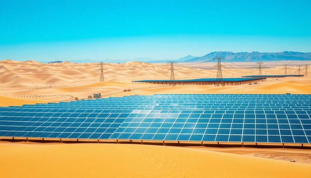 A vast, sun-drenched landscape in the Sahara desert, with rolling sand dunes and a cloudless azure sky. In the foreground, a large-scale solar power plant comes into view, its sleek, shimmering solar panels arranged in orderly rows, capturing the abundant solar energy. In the middle ground, a network of transmission lines and towers carry the generated electricity, snaking across the desert terrain. In the background, the outline of mountains rises, creating a stunning, arid backdrop to this renewable energy oasis. The scene conveys a sense of technological innovation and environmental harmony, where human ingenuity harnesses the power of the sun to generate clean, sustainable energy for the world.