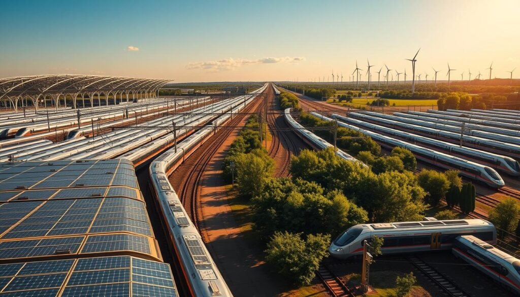 A vast, sun-drenched railway station, its expansive platforms and concourses bathed in warm, golden light. Rows of sleek, modern TGV trains stand ready, their chrome-accented bodies gleaming. In the foreground, a network of solar panels covers the station's rooftops, harnessing the abundant solar energy to power the trains and the station's operations. The middle ground features lush, verdant landscaping, with trees and shrubs lining the perimeter, creating a serene, naturalistic contrast to the industrial setting. In the background, the horizon is dotted with towering wind turbines, symbolizing the SNCF's commitment to renewable energy solutions. The overall scene conveys a sense of sustainable, clean mobility, where the power of the sun and wind work in harmony to drive France's high-speed rail network.