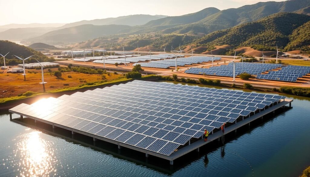 A vibrant, expansive solar power plant floating atop a serene lake, its panels gleaming in the warm afternoon sun. In the foreground, workers diligently maintain the system, their movements graceful and purposeful. The middle ground showcases a range of complementary energy sources - wind turbines, hydroelectric generators, and geothermal wells - all seamlessly integrated to maximize efficiency. The background panorama reveals lush, rolling hills dotted with verdant vegetation, creating a harmonious blend of renewable energy and natural splendor. The scene conveys a sense of balance, innovation, and a commitment to a sustainable future.